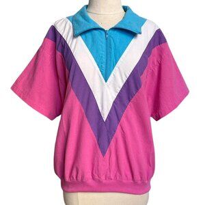 80s vintage colorblock short sleeve polo top quarter zip relaxed neon sporty.